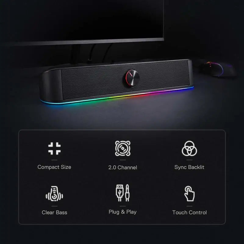 RGB USB Desktop Soundbar - Computer Speaker with Dynamic Lighting Bar