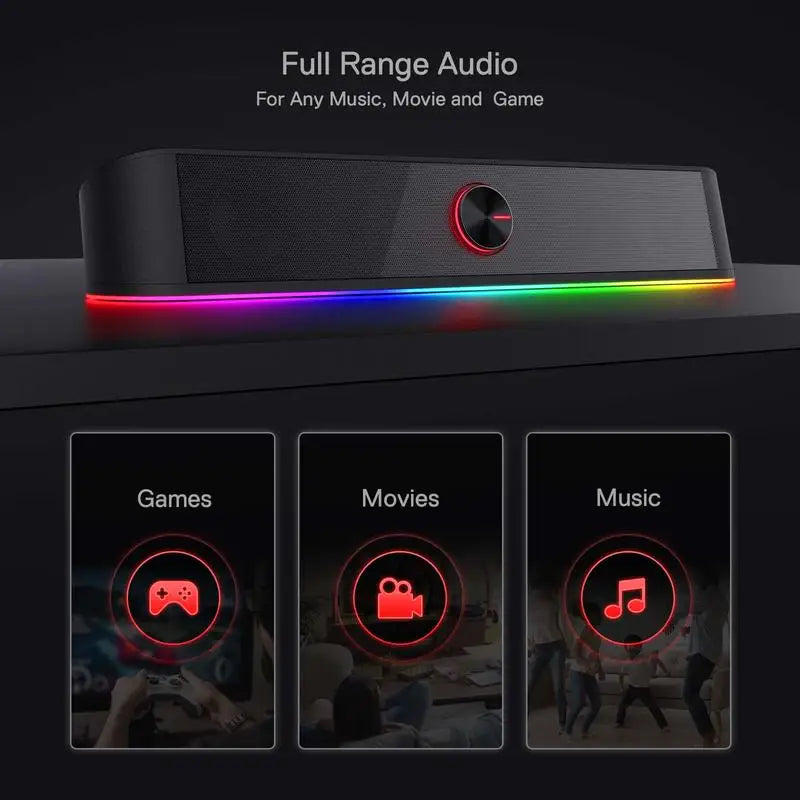 RGB USB Desktop Soundbar - Computer Speaker with Dynamic Lighting Bar