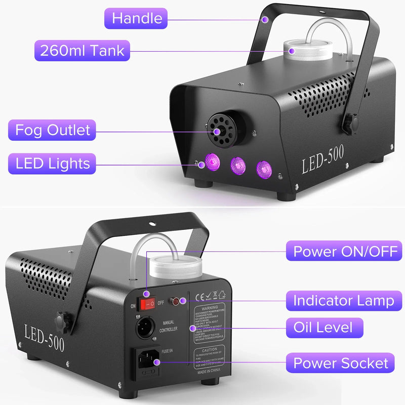 500W RGB LED Fog Machine with Remote - Disco DJ Party Fogger Lights Smoke Effect