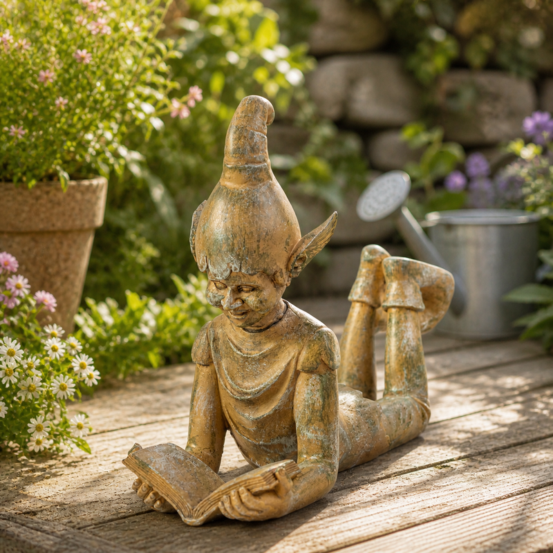 Large Resin Reading Elf Garden Ornament