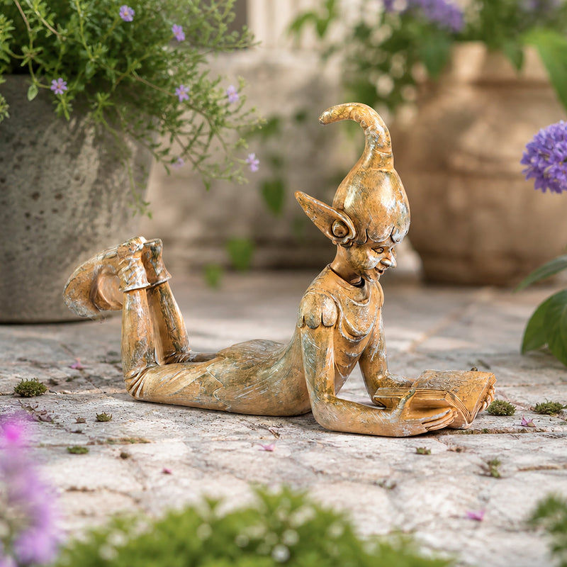 Large Resin Reading Elf Garden Ornament