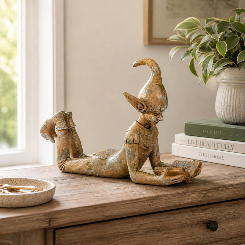 Large Resin Reading Elf Garden Ornament