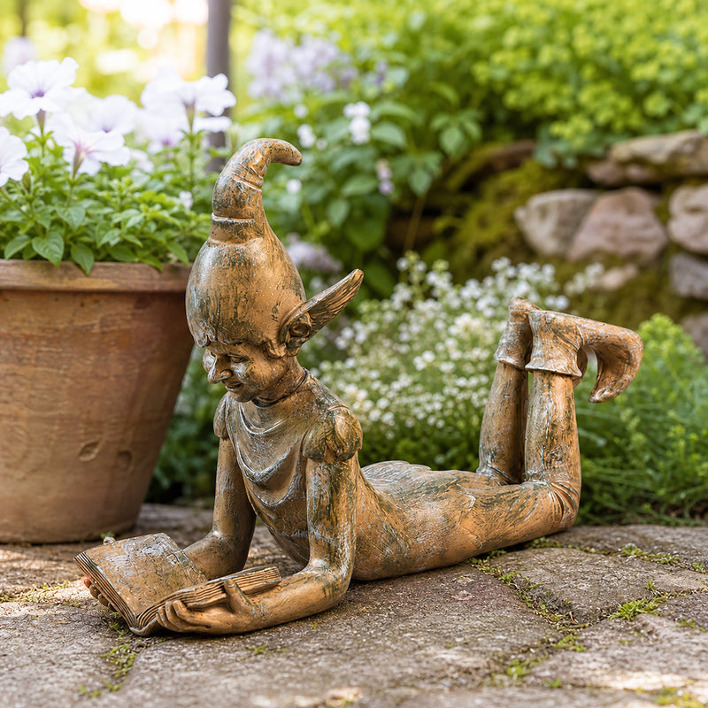 Large Resin Reading Elf Garden Ornament