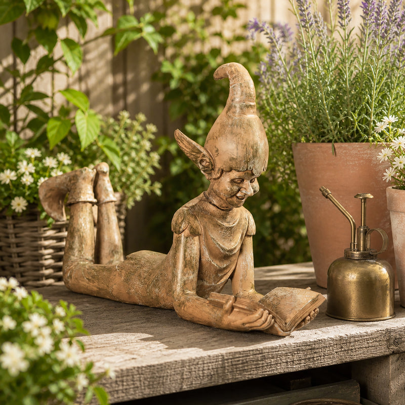 Large Resin Reading Elf Garden Ornament