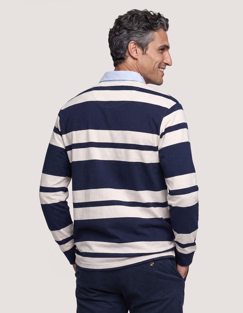 Navy Relaxed Fit Rugby Shirt with Cream Stripes