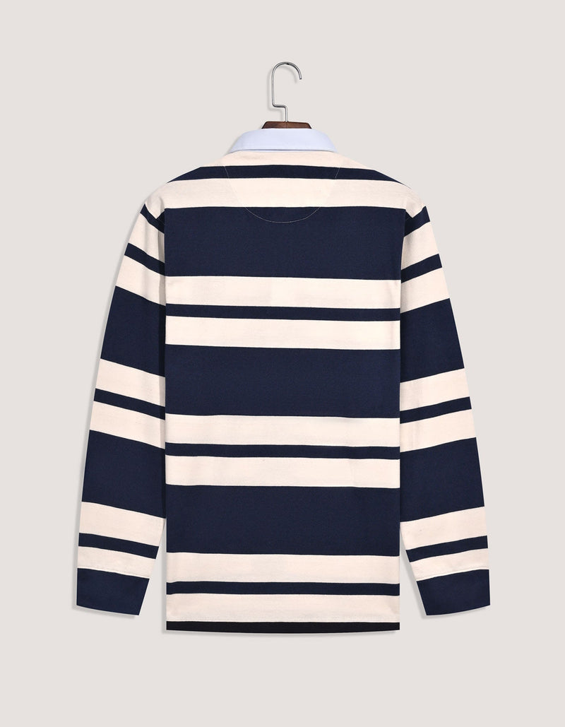 Navy Relaxed Fit Rugby Shirt with Cream Stripes