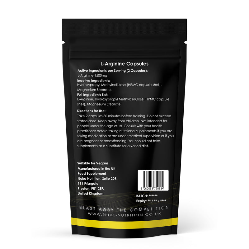 L-Arginine 1500mg High Strength Pre Workout Nitric Oxide Pump Capsules
