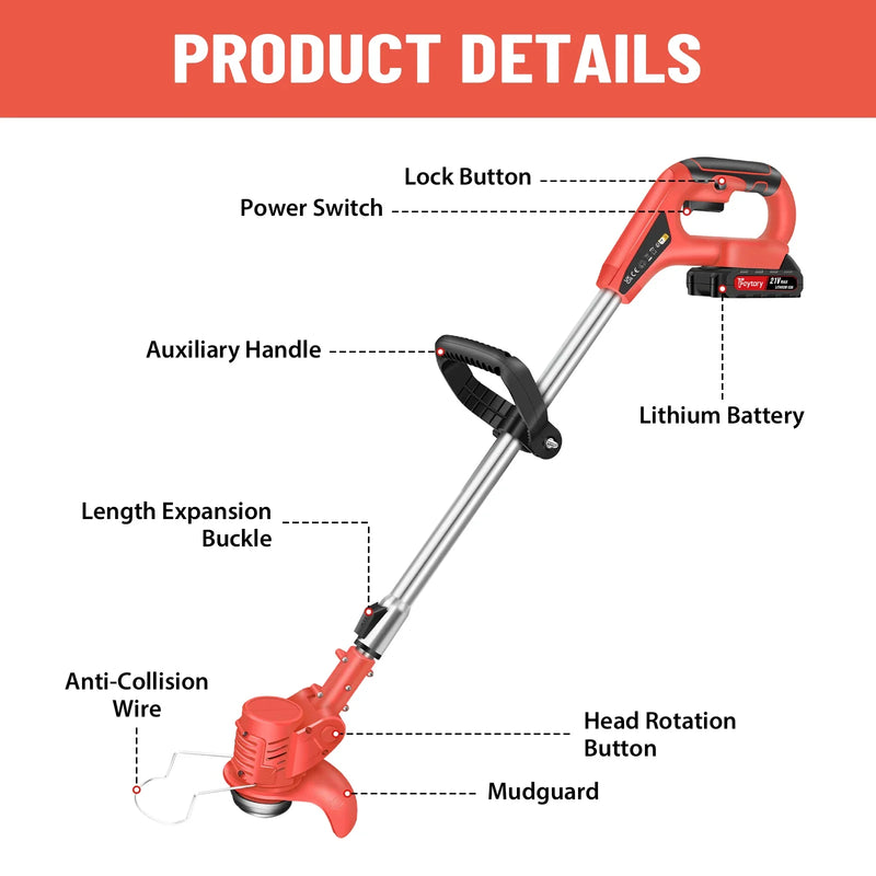 21V Cordless Garden Strimmer 3-in-1 Rechargeable – Red Electric Grass Trimmer