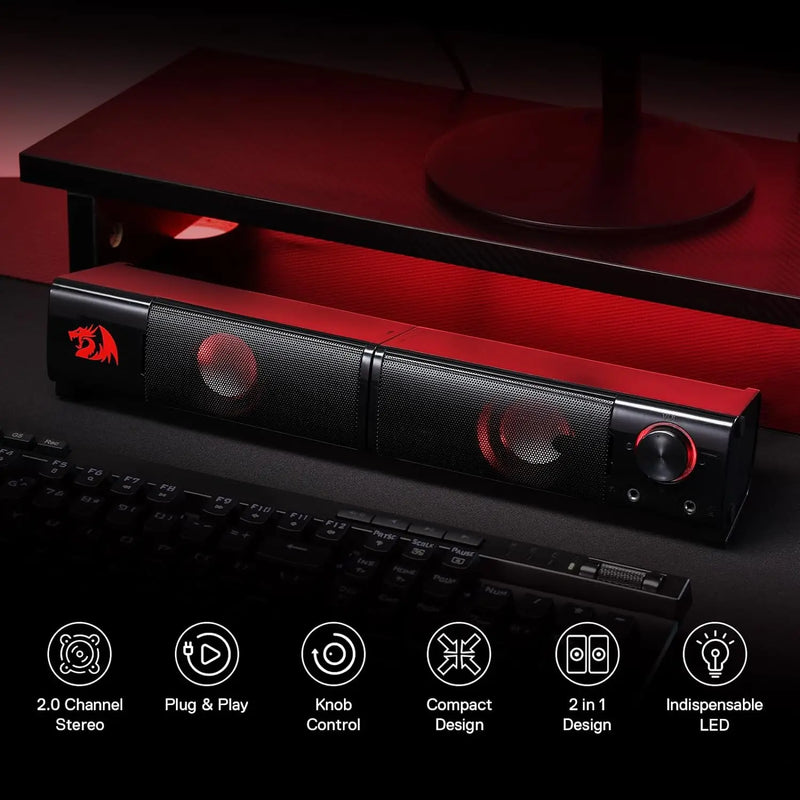 Redragon GS550 PC Gaming Speakers - Desktop Sound Bar Quality Bass & Red Backlight