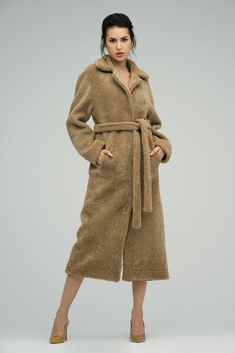Beige Reversible Sheepskin Lamb Fur Maxi Coat