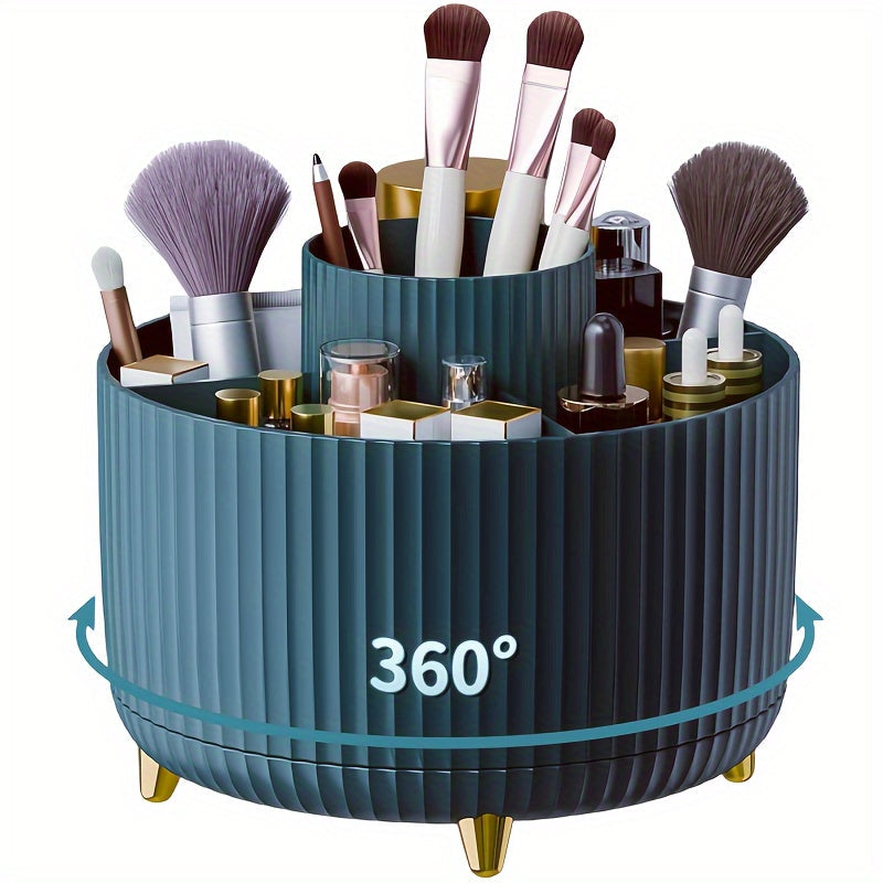 Rotating Makeup Organizer - Durable Plastic Cosmetic Storage Holder with 5 Compartments for Brushes, Lipsticks, Skincare
