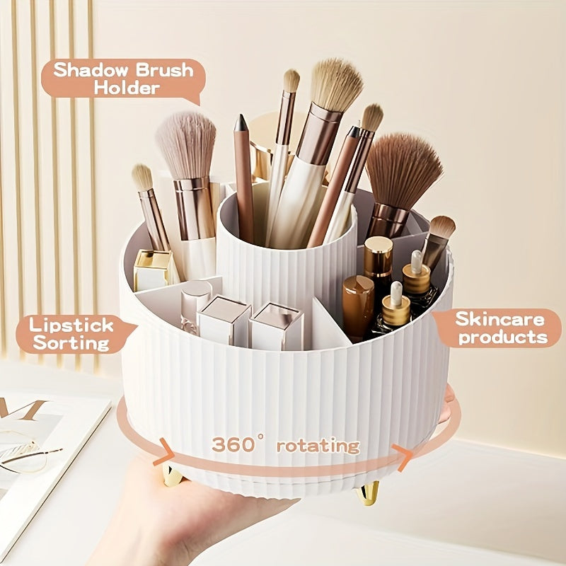 Rotating Makeup Organizer - Durable Plastic Cosmetic Storage Holder with 5 Compartments for Brushes, Lipsticks, Skincare