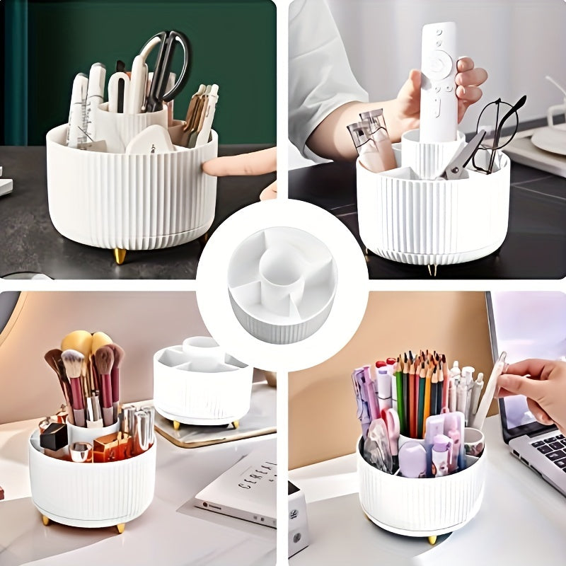 Rotating Makeup Organizer - Durable Plastic Cosmetic Storage Holder with 5 Compartments for Brushes, Lipsticks, Skincare