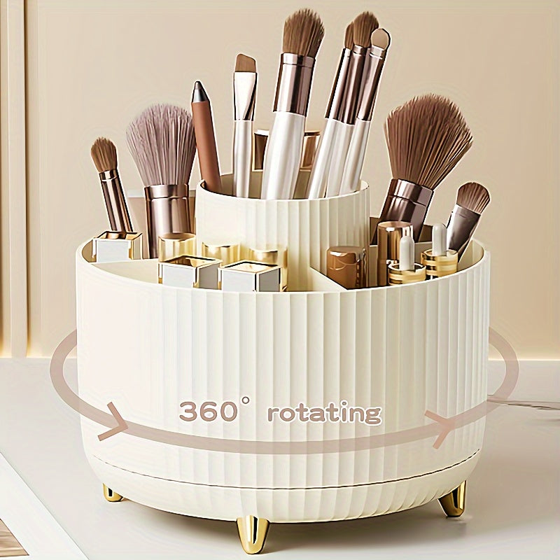 Rotating Makeup Organizer - Durable Plastic Cosmetic Storage Holder with 5 Compartments for Brushes, Lipsticks, Skincare