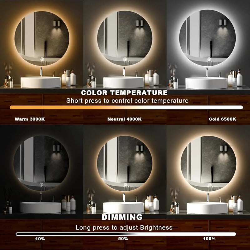 Round LED Bathroom Mirror 50cm – Wall-Mounted Backlit Vanity Mirror 3 Colour