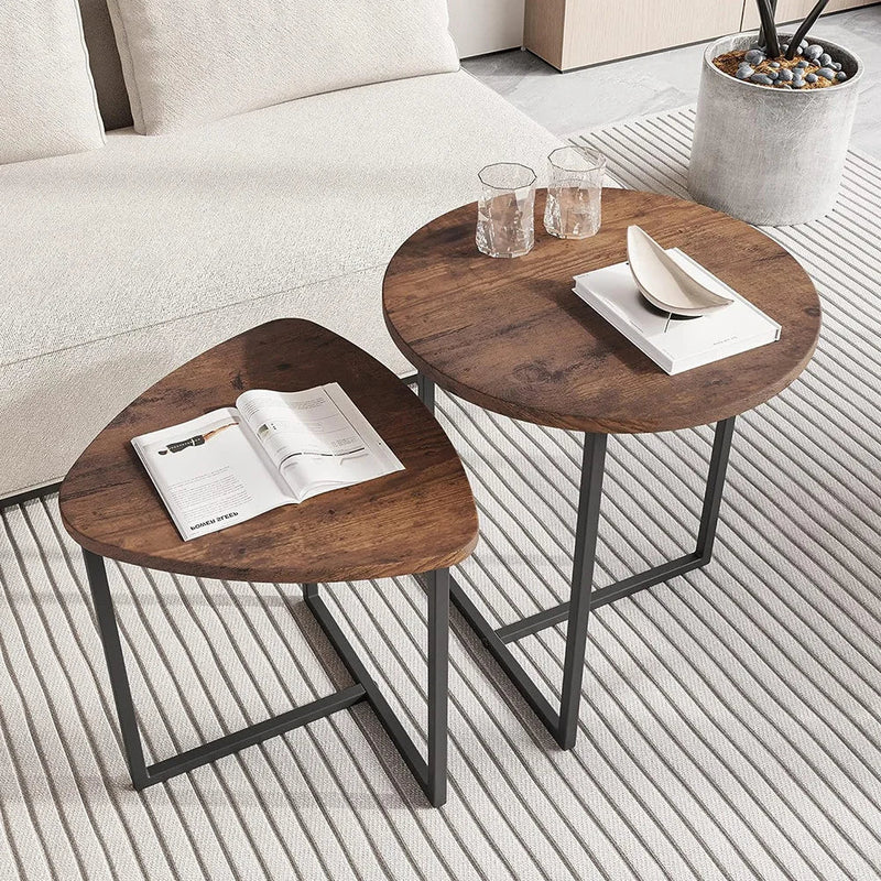Brown Nesting Side Tables Set Round & Triangle Wooden Coffee Bedside Table Nest