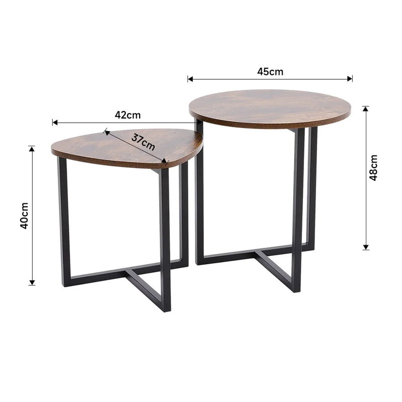Brown Nesting Side Tables Set Round & Triangle Wooden Coffee Bedside Table Nest