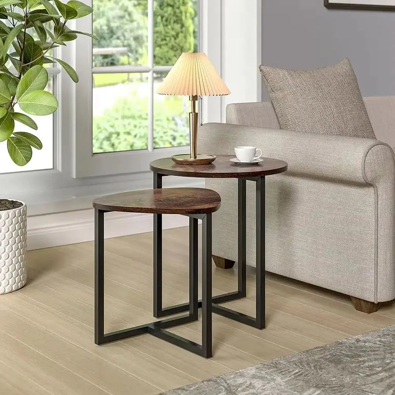 Brown Nesting Side Tables Set Round & Triangle Wooden Coffee Bedside Table Nest