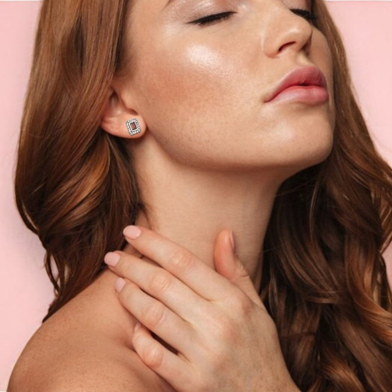 Ruby Rectangle Halo Stud Earrings