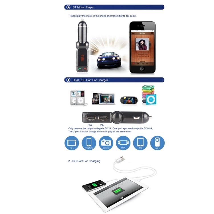 BC-06 Bluetooth Car Kit FM Transmitter Car MP3 Player with LED Display 2 USB Charger & Handsfree Function, BC06