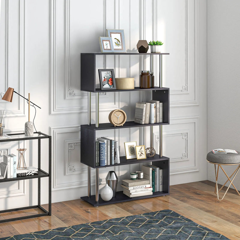 S Shape Bookcase Storage Display Unit Shelving Divider Black Wooden Metal Frame