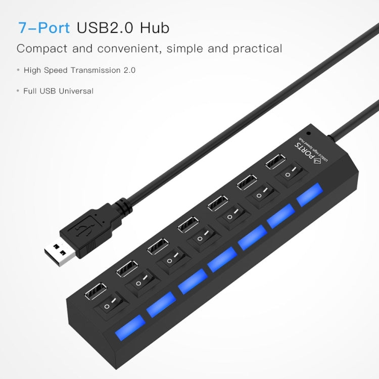 7 Ports USB Hub 2.0 USB Splitter High Speed 480Mbps with ON/OFF Switch / 7 LEDs, 7 Ports (White), 7 Ports (Black)