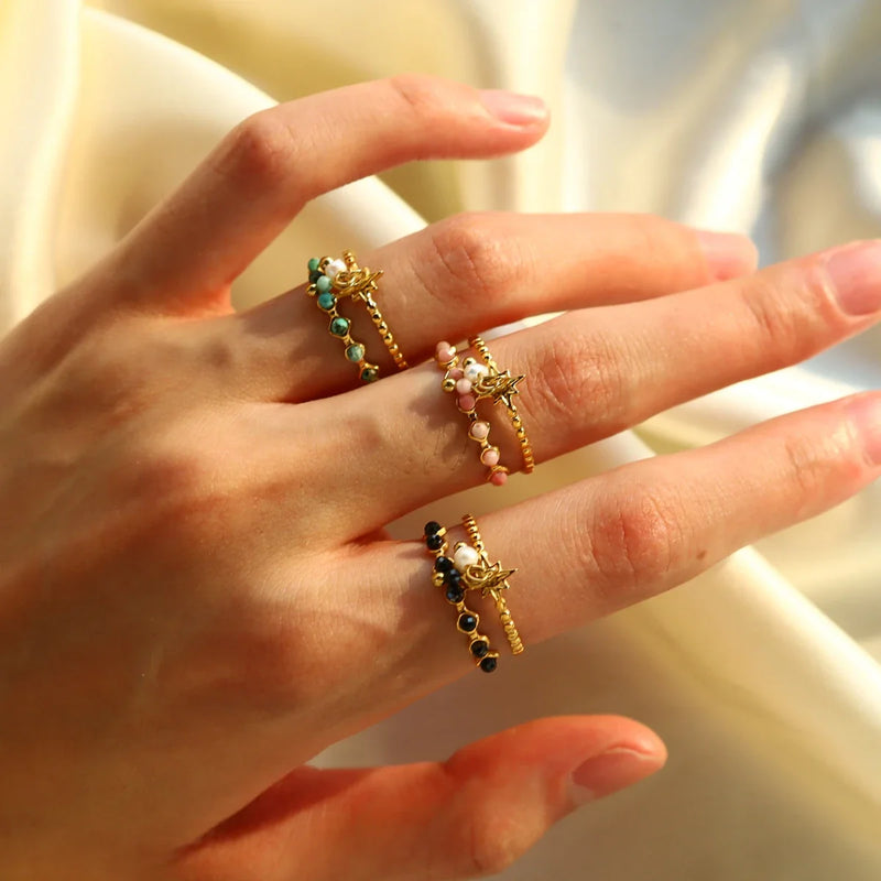 WILD & FREE Trendy Stainless Steel Rings for Women Creative Natural Stone Crystal Charms Aesthetic Adjustable Ring Jewelry