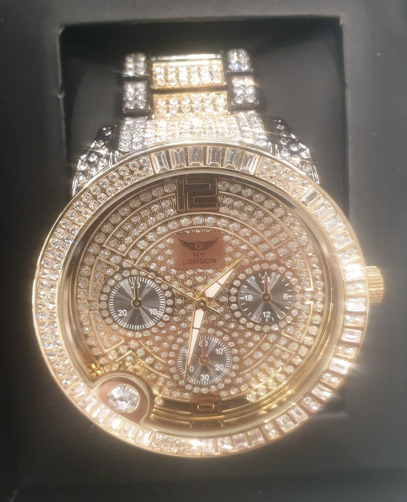 NY LONDON GENTS BLING WATCH PI-7498 GOLD.BLACK