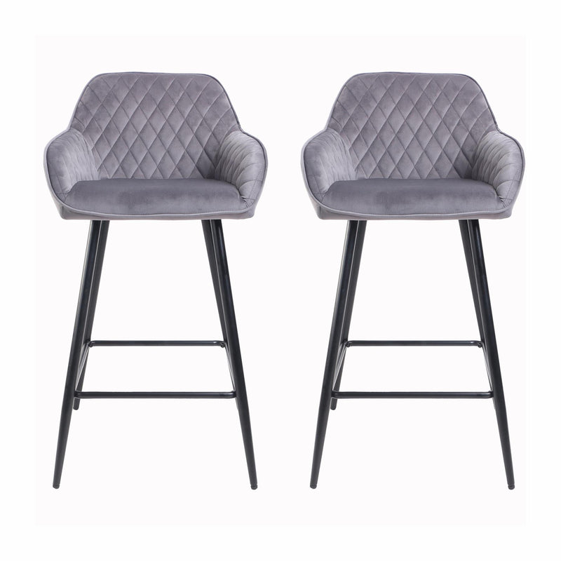 Set of Two Cadiz Dark Grey Crushed Velvet Bar Stools with Black Metal Leg