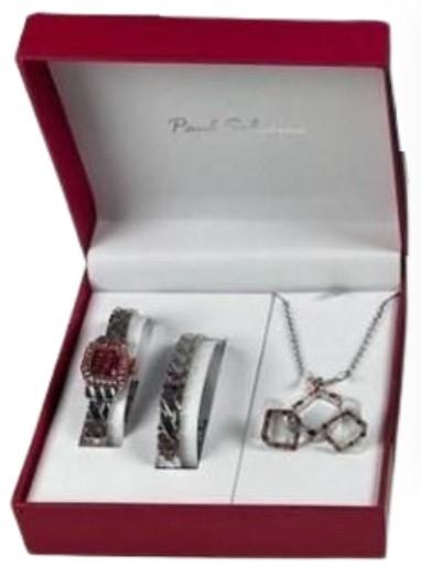Paul Salatini Ladies Bling Red Dial Silver Barcelet Watch Gift Sets 8085R
