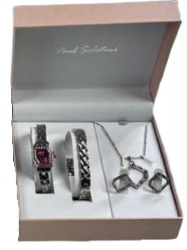 Paul Salatini Ladies Bling Pink Dial Silver Barcelet Watch Gift Sets 8085P