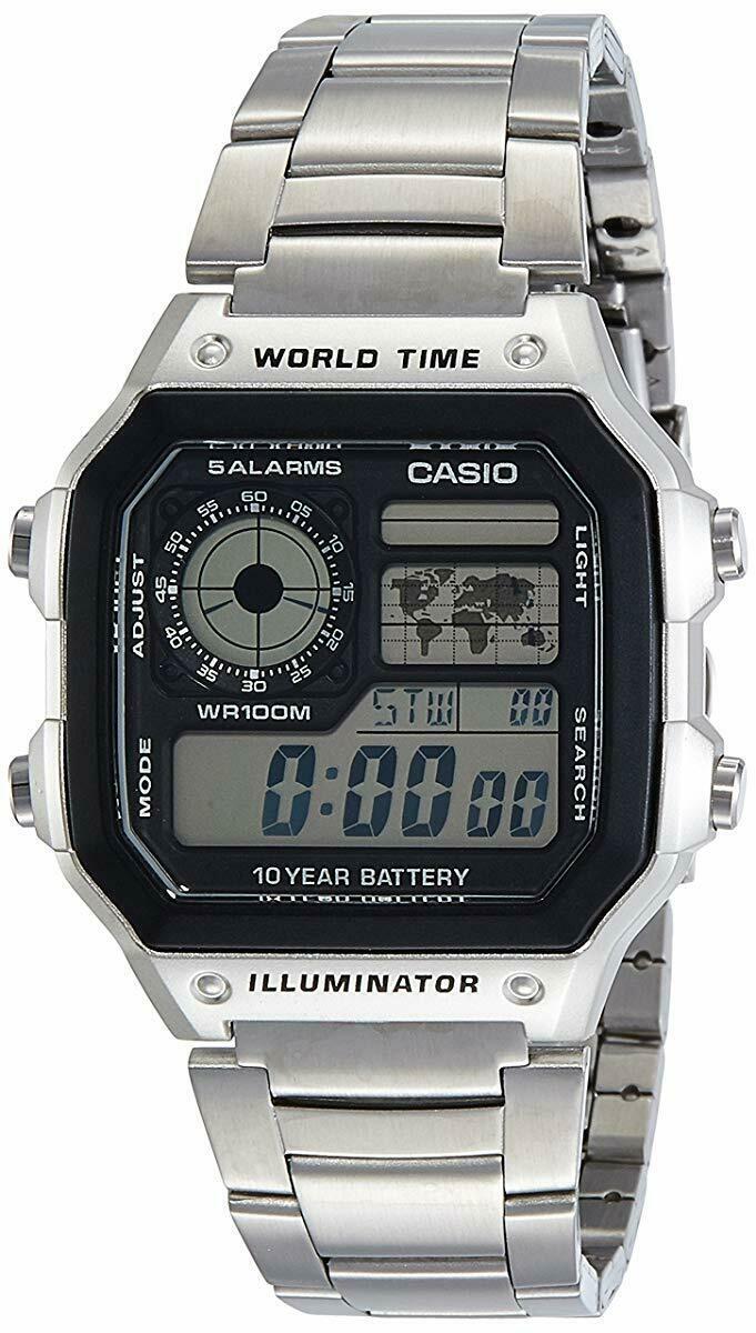 Casio Men's Digital World Time Illuminator Stainless Steel Bracelet Watch -  AE-1200WHD-1AVDF