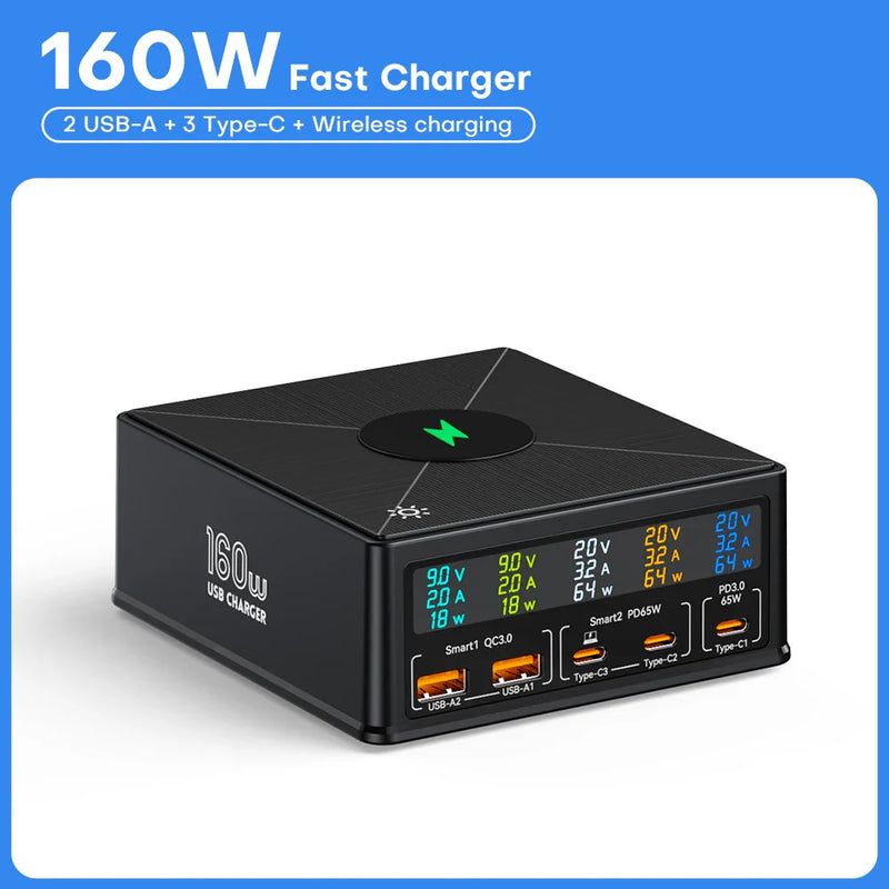 160W 5 Ports USB Charger Staion 15W Wireless Charging PD 65W QC3.0 Type C Fast Charger for iPhone 15 Pro Macbook Samsung Laptop