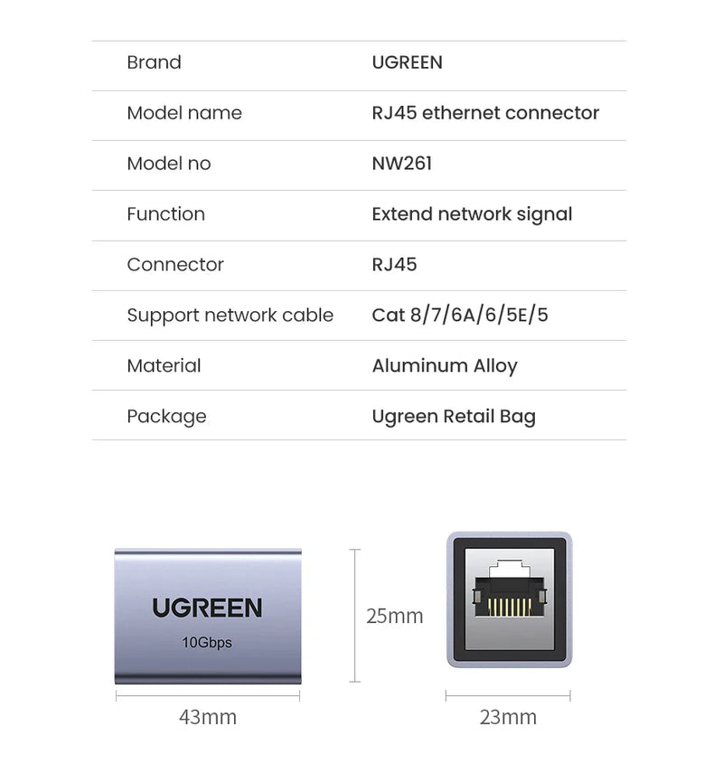 UGREEN RJ45 Connector 10Gbps Network Extender Extension for Cat8 Cat7 Cat6 Ethernet Cable Adapter Gigabit Female to Female