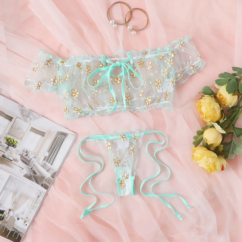 Sexy Fancy Lingerie Set 2 Pieces Transparent Halter Off Shoulder Women's Underwear Beautiful Daisy Print Bra And Panty Sets