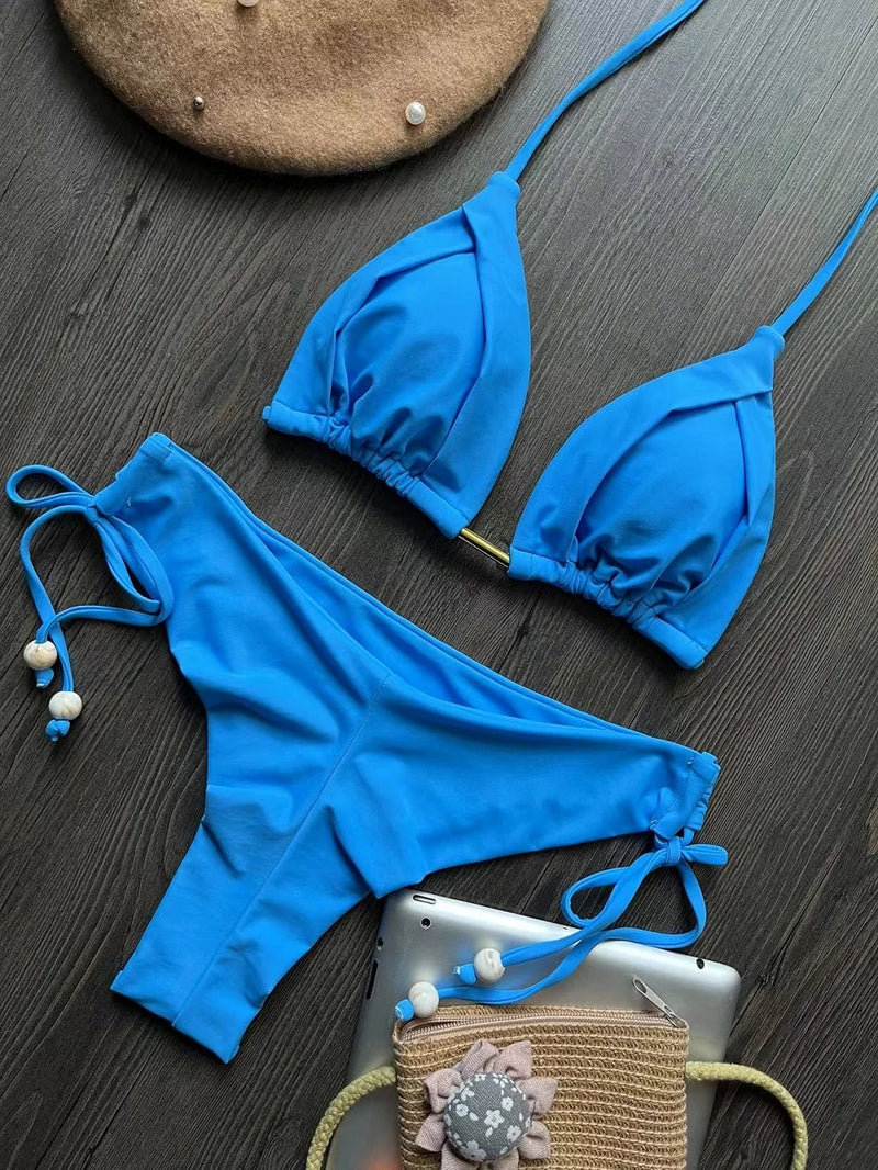 2025 New Sexy Triangle Bathing Suit for Women Brazilian Bikinis Halter Swimwear Push Up Swimsuit Metal Chain Beach Bikini Set