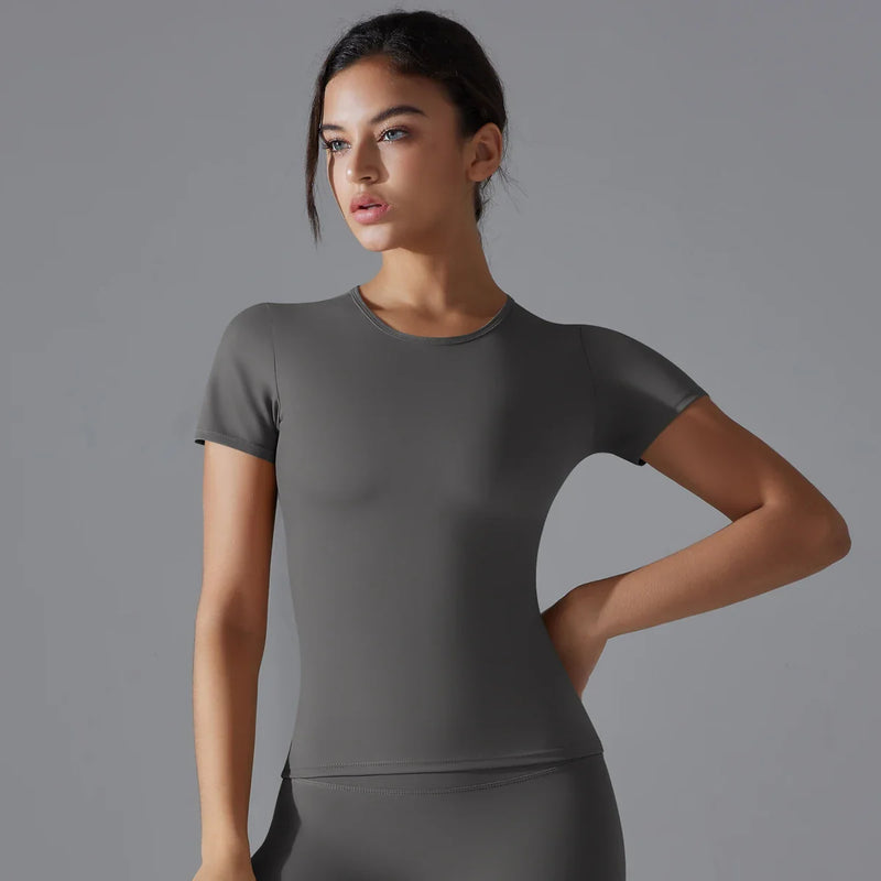 Women Running Sports T Shirt Summer Short Sleeve Round Neck Breathable Stretchy GYM Yoga Slim Fitness Active Top Tee