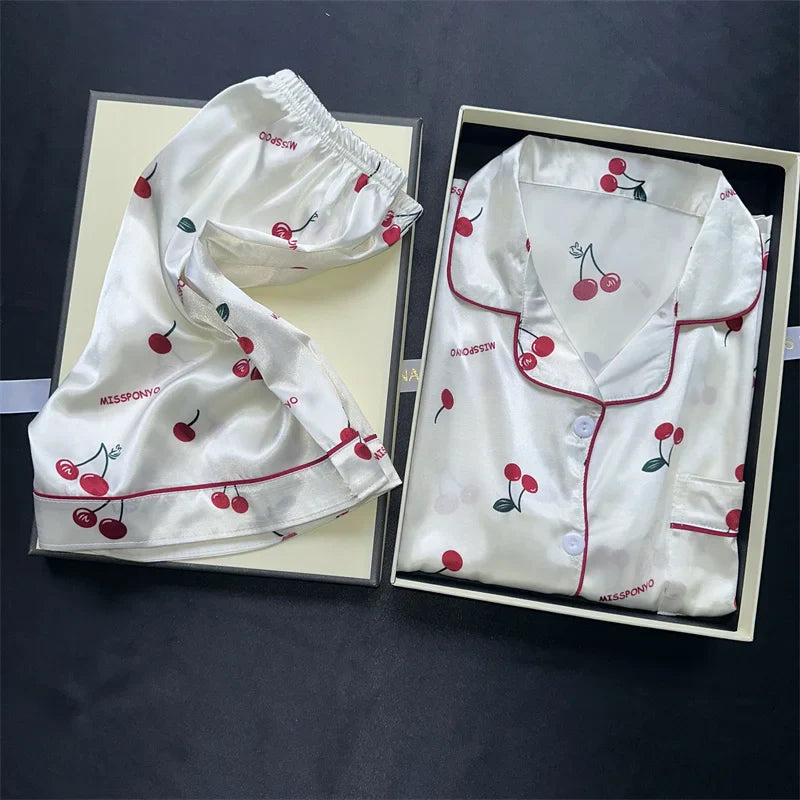 Cherries Print Two Pieces Pajamas Set Summer Faux Stain Pajamas Fashion Home Clothes Ladies Casual Shorts and Top Set Pijamas