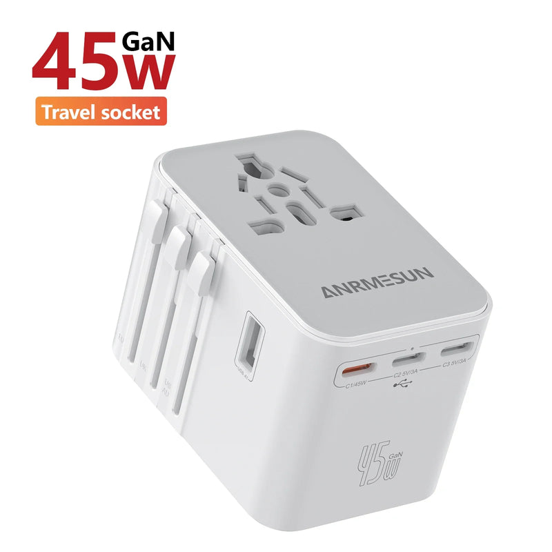 JINGMIN Universal Travel Adapter with 4 AC Outlets 1 USB Ports 2 Type-C PD 25W All-in-one Fast Power Charge On EU UK US AUS Plug