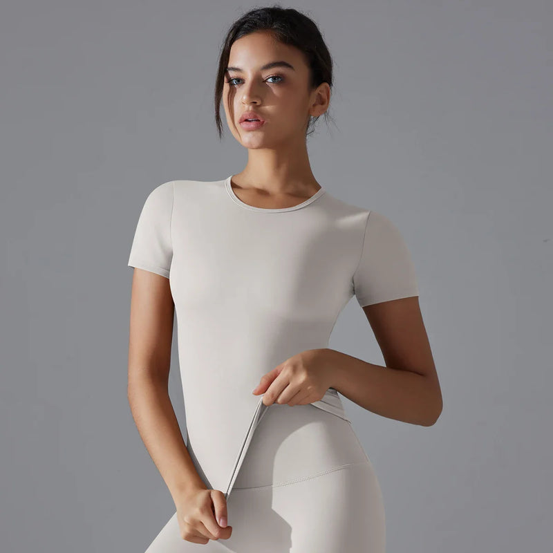Women Running Sports T Shirt Summer Short Sleeve Round Neck Breathable Stretchy GYM Yoga Slim Fitness Active Top Tee