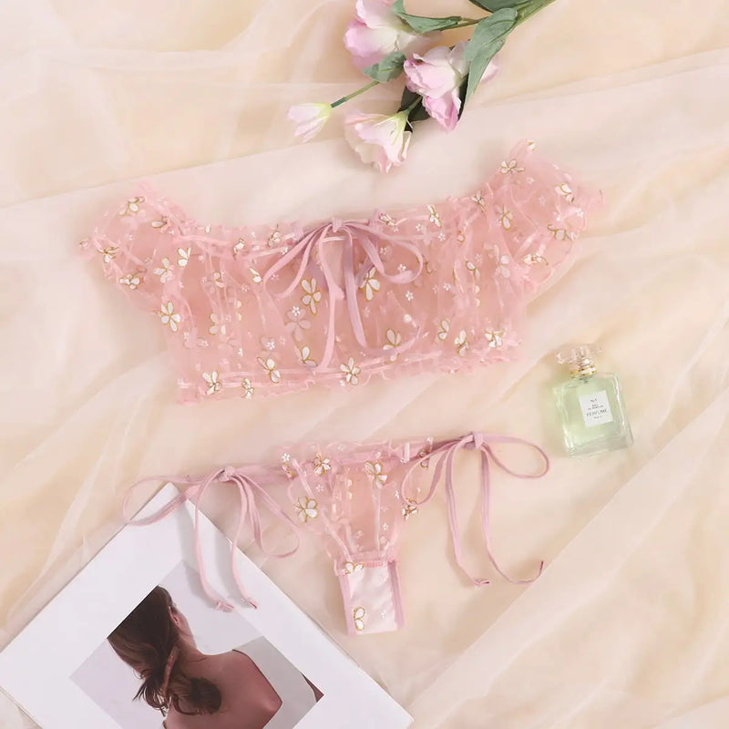 Sexy Fancy Lingerie Set 2 Pieces Transparent Halter Off Shoulder Women's Underwear Beautiful Daisy Print Bra And Panty Sets