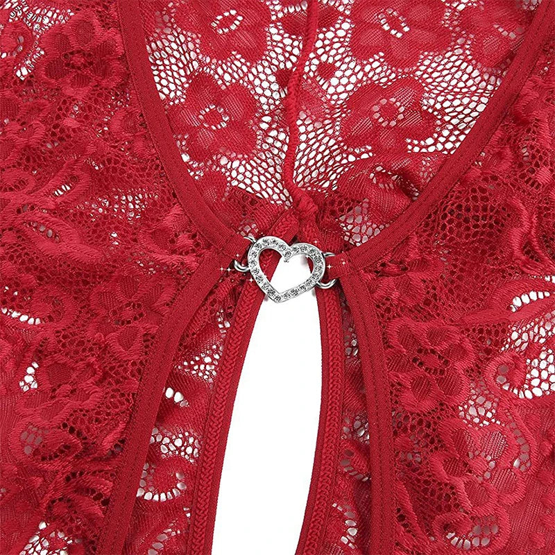 Sexy Crotchless Blue Lingerie Women Lace Hollow Bodysuit Erotic Pajamas Teddy Babydoll Dress Deep V Open Bra Porn Underwear Set