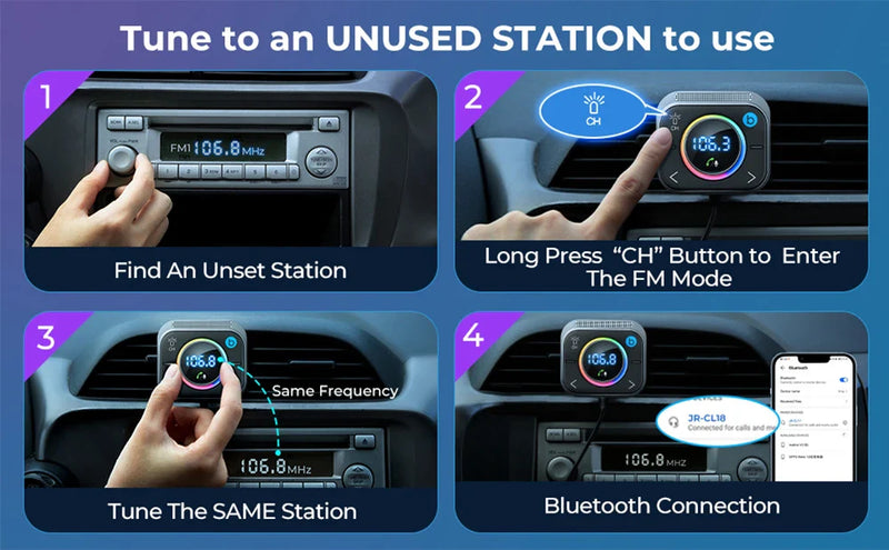 Joyroom Bluetooth 5.3 FM/AUX Bluetooth Car Charger Adapter Air Vent Installation 3 Ports PD&QC 3.0 FM Bluetooth Car Transmitter