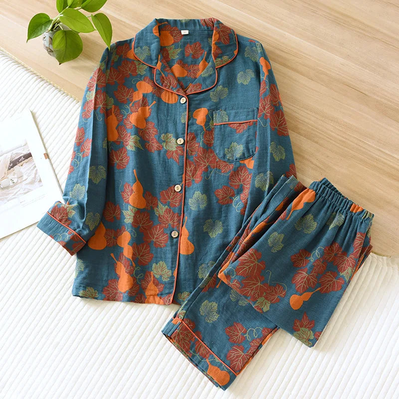 Japanese Spring and Autumn New Women's Pajama Set 100% Cotton Vintage Long Sleeved Pants Two Piece Set for Home Furnishings