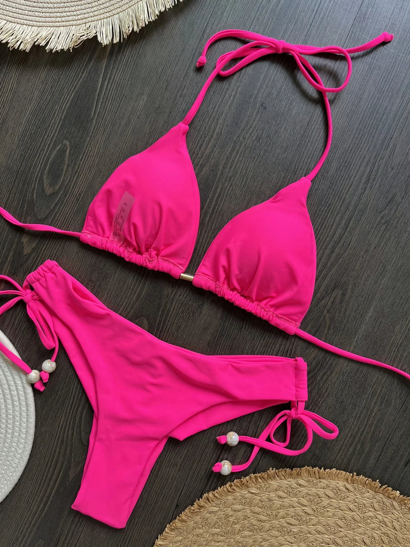 2025 New Sexy Triangle Bathing Suit for Women Brazilian Bikinis Halter Swimwear Push Up Swimsuit Metal Chain Beach Bikini Set
