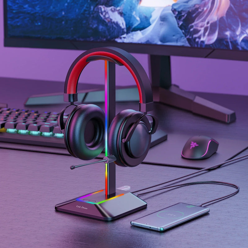 RGB Headphones Stand Holder Desk Gaming Headset with 2 USB Ports Cool Display Holder Non-Slip Rubber Base for Gamer