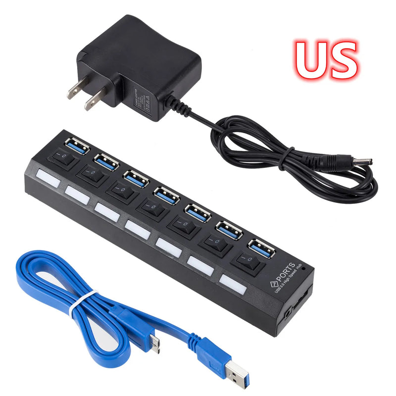 GRWIBEOU USB 3.0 Hub USB Hub 3.0 Use Power Adapter Multi USB Splitter 7 Port Multiple 3 Hab Expander USB Hub with Switch for PC