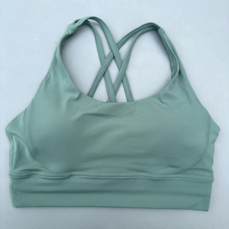 Solid Color Soft Cross Back Women Fitness Bra Tights Yoga Vest High Strength Shockproof Gym Sports Top Push Up With Chest Pad
