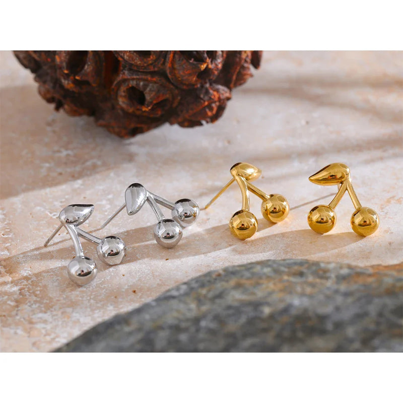 Yhpup 316L Stainless Steel Metal Chic Cherry Golden Stud Earrings Water Resistant Charm Fashion Jewelry 18K PVD Plated Wholesale