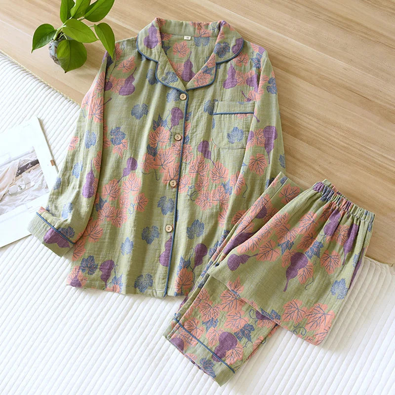 Japanese Spring and Autumn New Women's Pajama Set 100% Cotton Vintage Long Sleeved Pants Two Piece Set for Home Furnishings